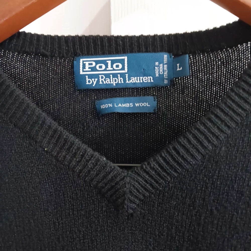 Polo Ralph Lauren XL Men's Large V-Neck Black Sweater Lambswool Classic Preppy - Picture 4 of 7